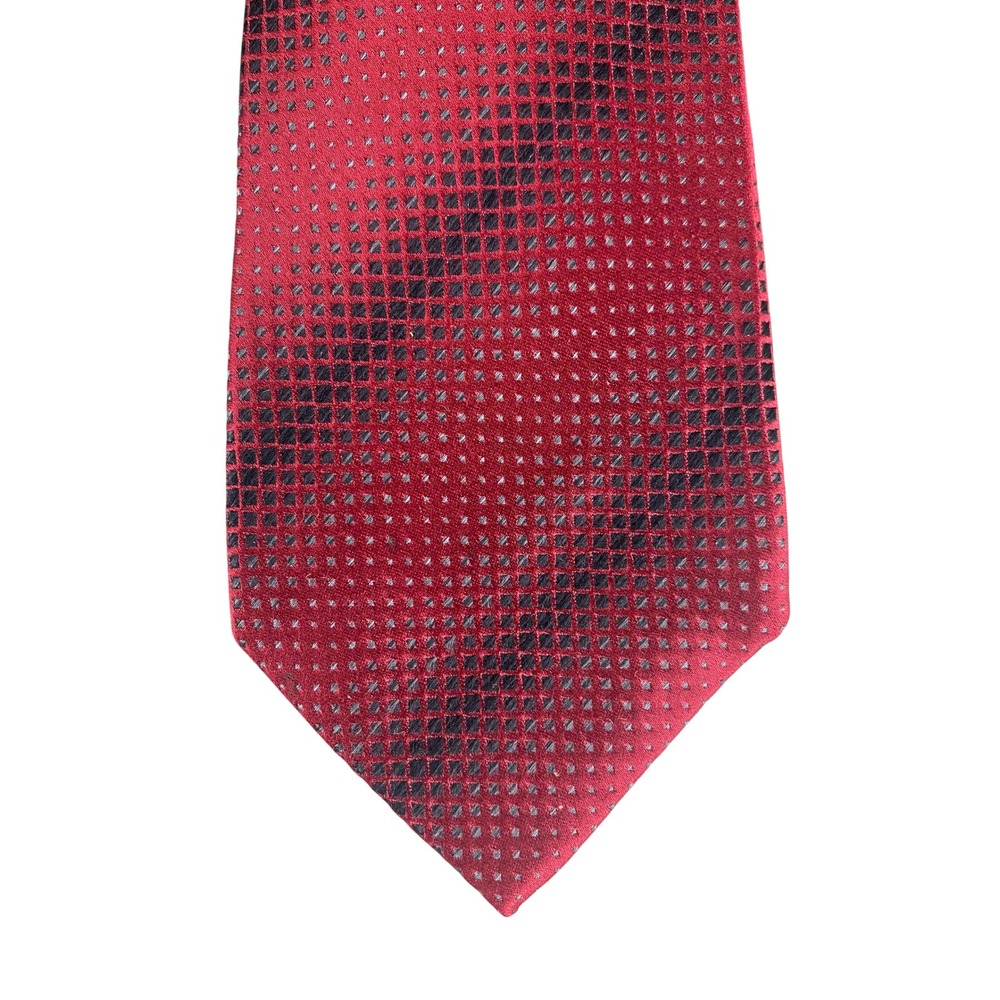 Alfani Mens Silk Necktie Crimson Red Black Micro Check Grid Silk Tie 58x4